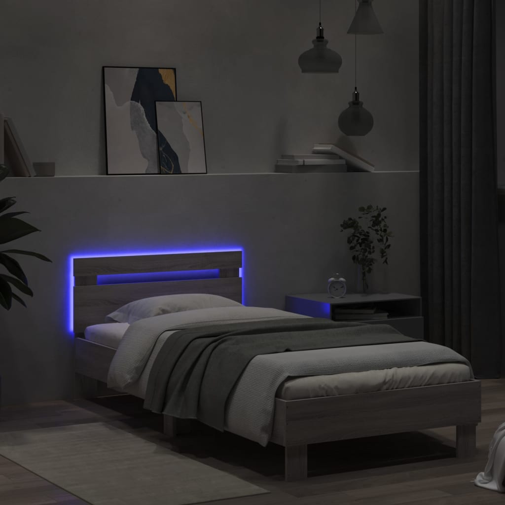 vidaXL Bedframe met hoofdbord en LED grijs sonoma eikenkleur 90x190 cm, foto 2