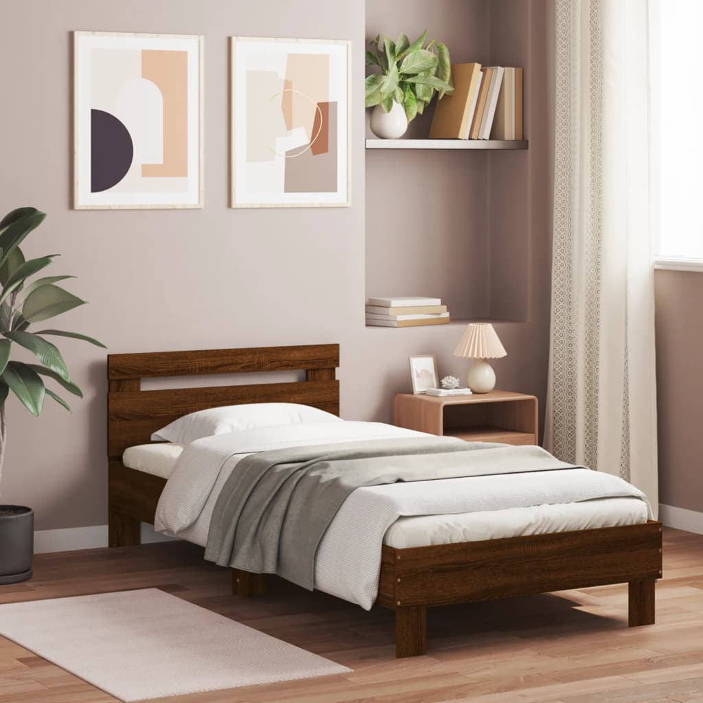vidaXL Bedframe met hoofdbord en LED bruin eikenkleur 90x190 cm afbeelding