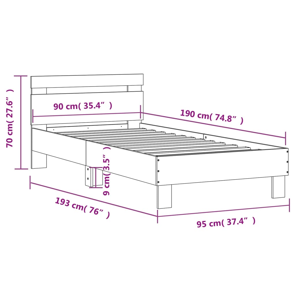 Rám postele s čelem a LED osvětlením hnědý dub 90 x 190 cm - obrázek 15
