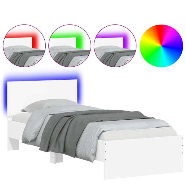 vidaXL voodiraam peatsi ja LED-tuledega, valge, 90 x 200 cm