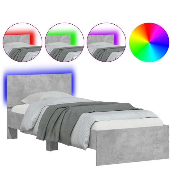 vidaXL voodiraam peatsi ja LED-tuledega, betoonhall, 90 x 200 cm