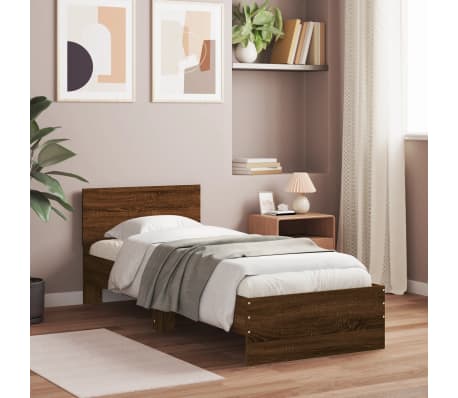 vidaXL Bettgestell mit Kopfteil und LED-Leuchten Braun Eiche 90x200 cm