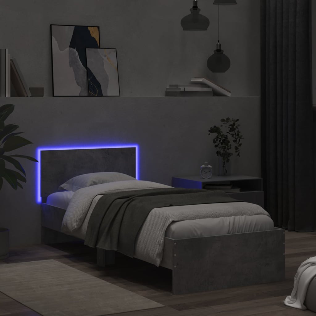 vidaXL Bedframe met hoofdbord en LED-verlichting betongrijs 90x190 cm grijs, foto 4