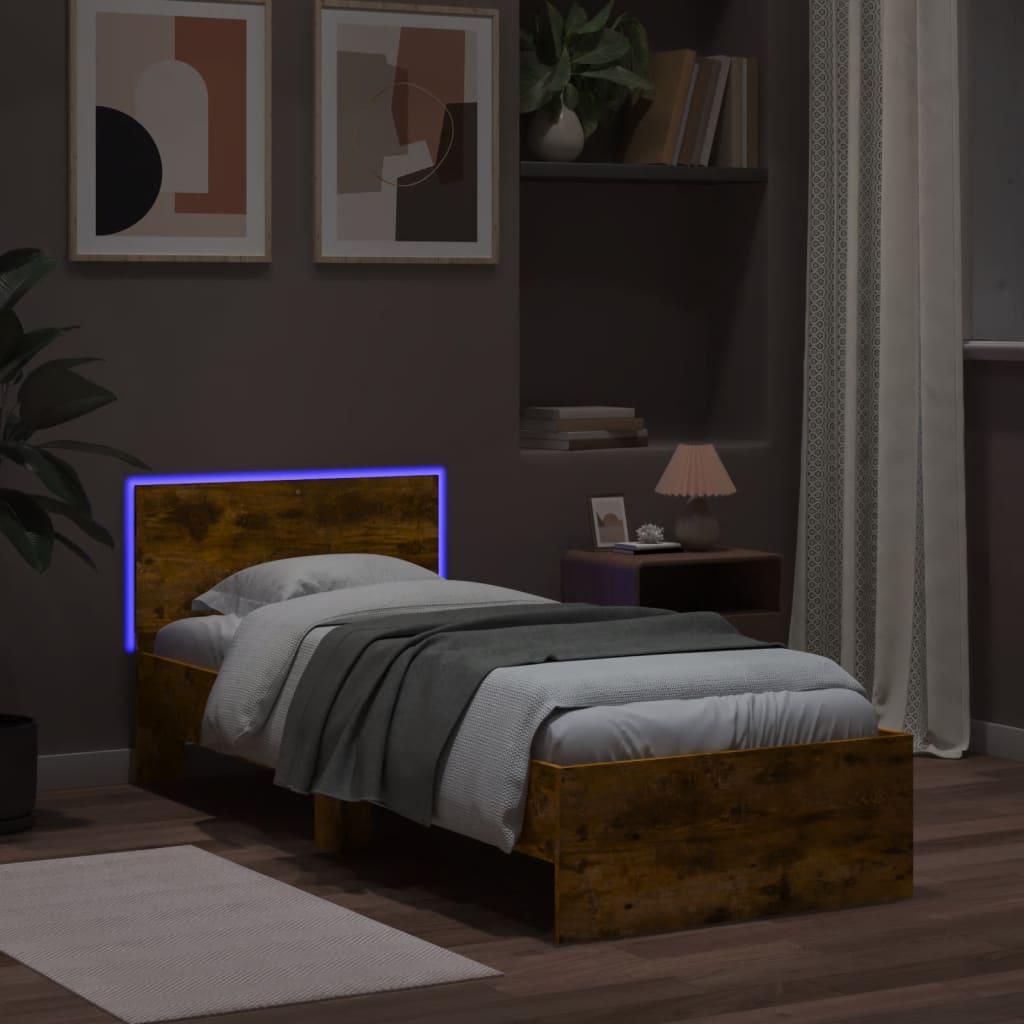 vidaXL Bedframe met hoofdbord en LED gerookt eikenkleurig 75x190 cm, foto 4
