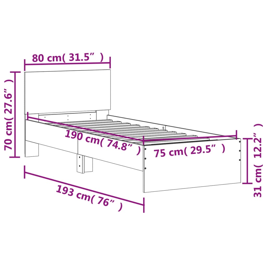 Rám postele s čelem a LED osvětlením hnědý dub 75 x 190 cm - obrázek 15