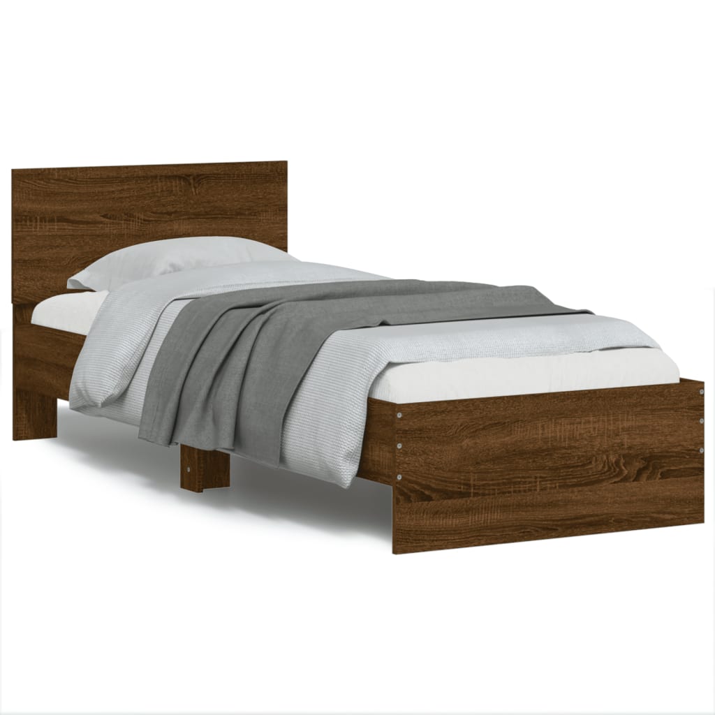 vidaXL Cadru de pat cu tăblie și lumini LED, stejar maro, 75x190 cm