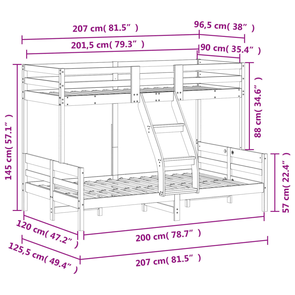 Łóżko piętrowe z litego drewna sosnowego 207x125,5x145 cm, brązowo-rudy