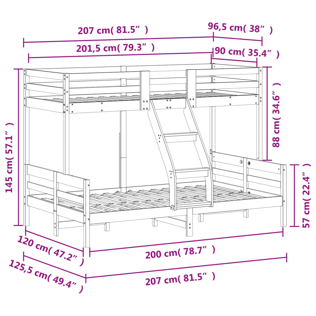 Łóżko piętrowe, 90x200/120x200 cm, białe, lite drewno sosnowe