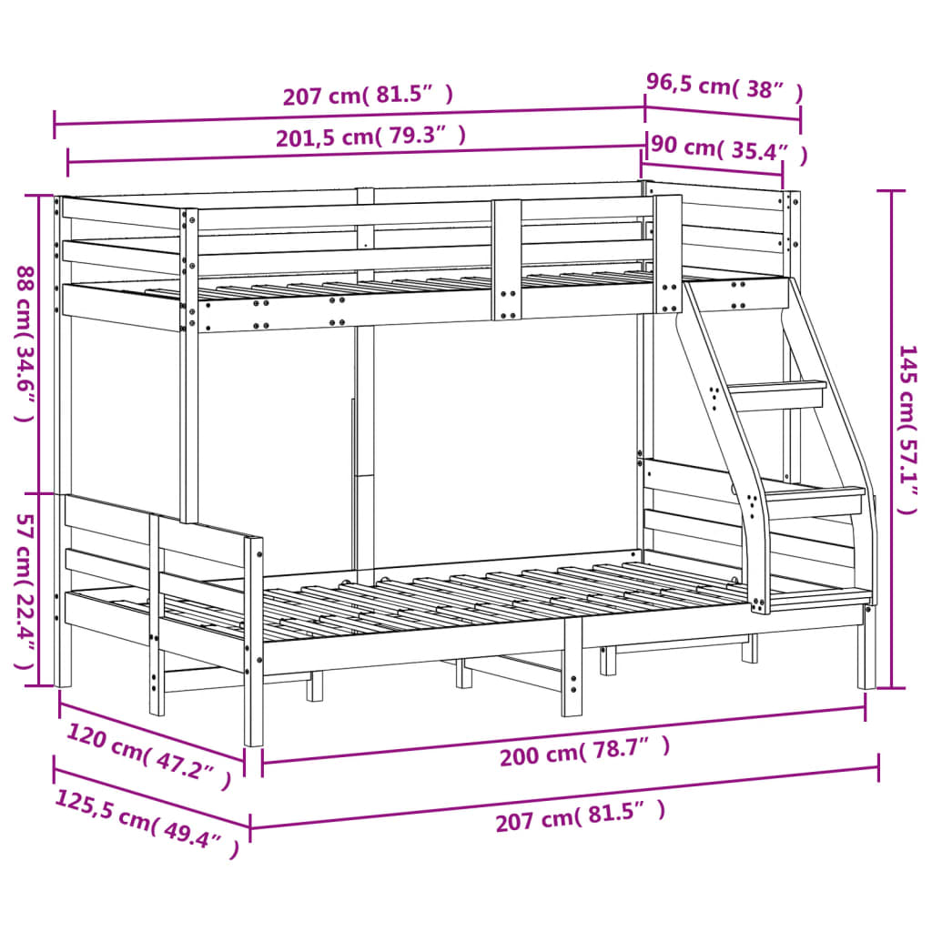 Łóżko piętrowe Lite Drewno Sosnowe 207x125,5x145 cm Brąz