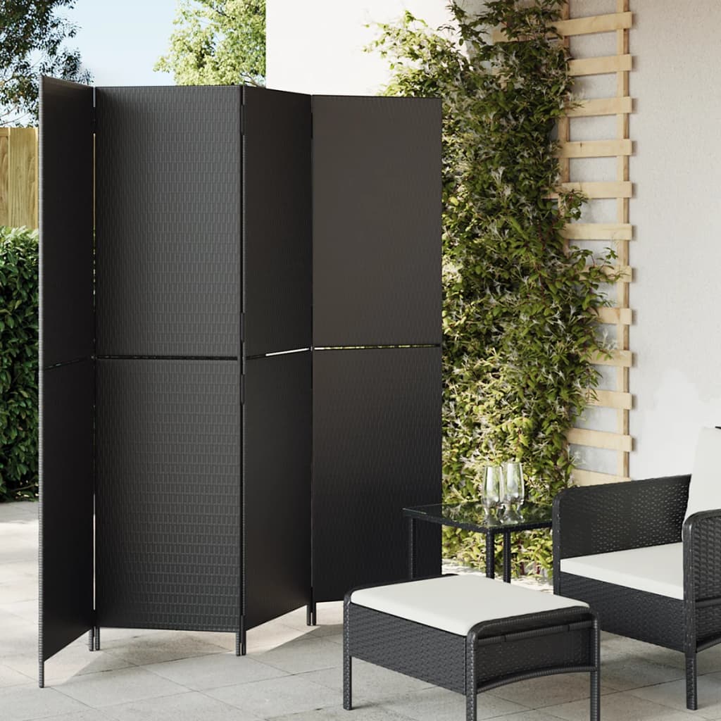 Divisorio per Ambienti a 4 Pannelli Nero in Polyrattan vidaXL