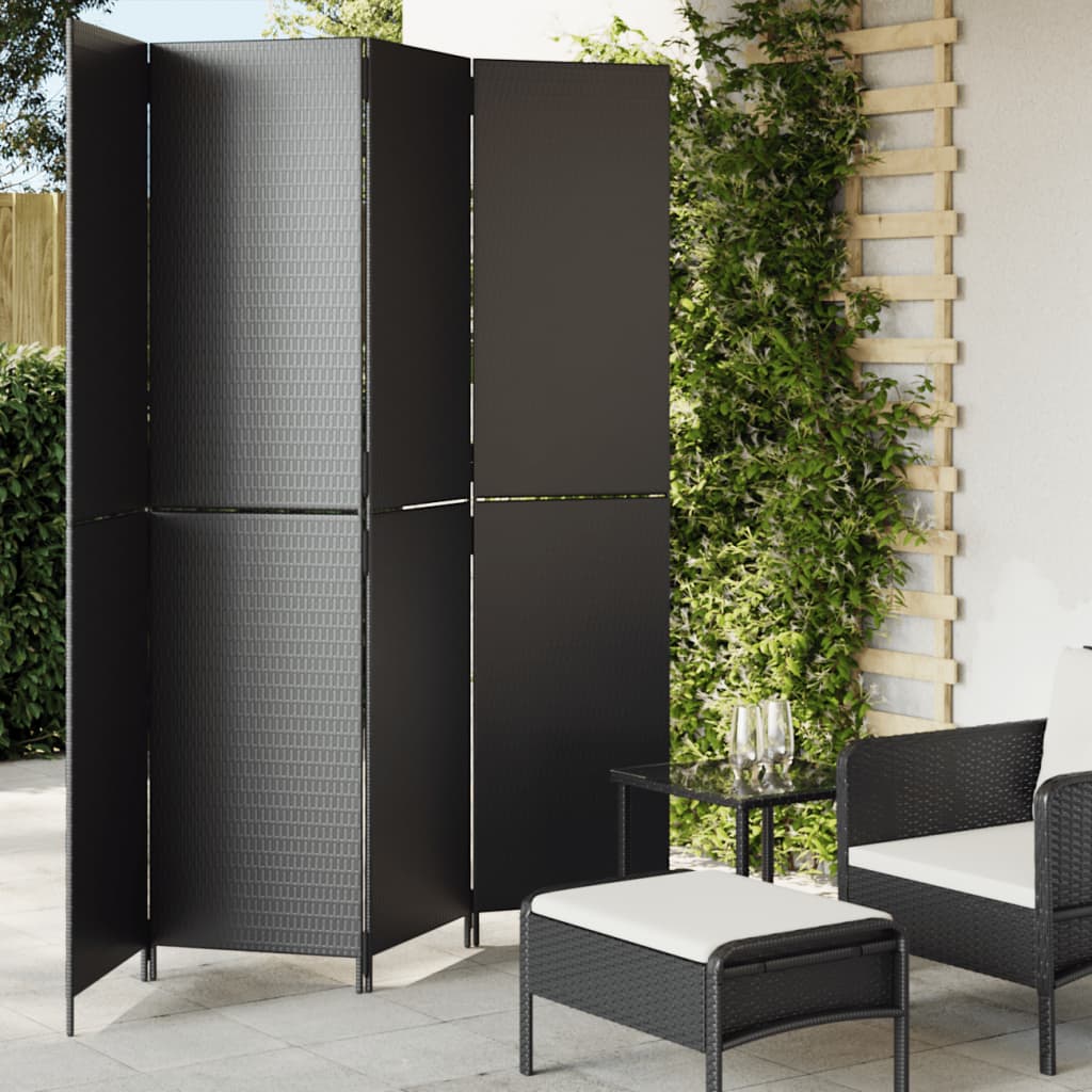 vidaXL Paravent 4-tlg. Schwarz Poly Rattan