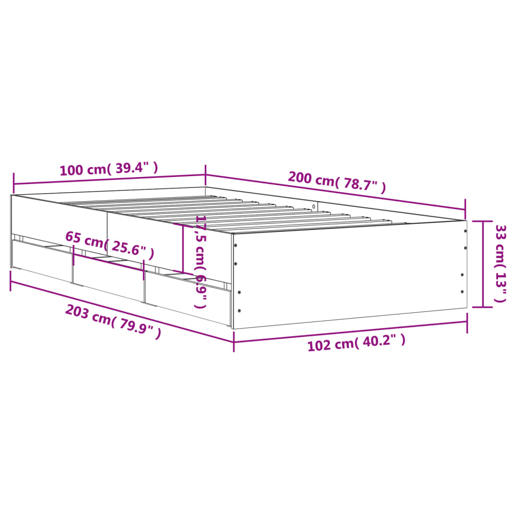 Cadru de pat cu sertare, alb, 100x200 cm, lemn prelucrat