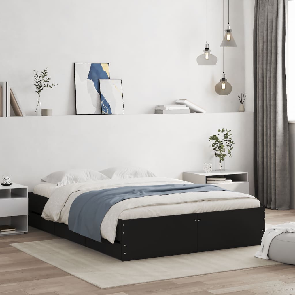vidaXL Cadru de pat cu sertare, negru, 135x190 cm, lemn prelucrat