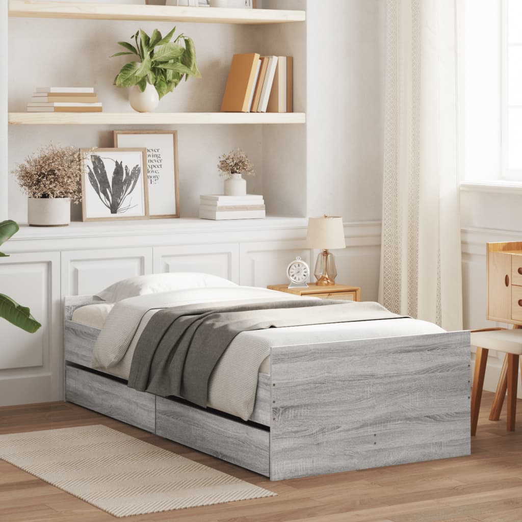 vidaXL Cadre de lit avec tiroirs sonoma gris 90x190 cm