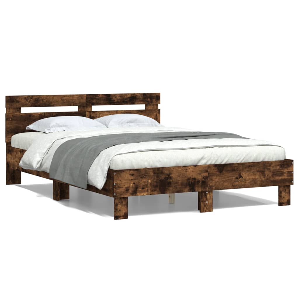 vidaXL Cadru de pat cu tăblie stejar fumuriu 135x190 cm lemn prelucrat