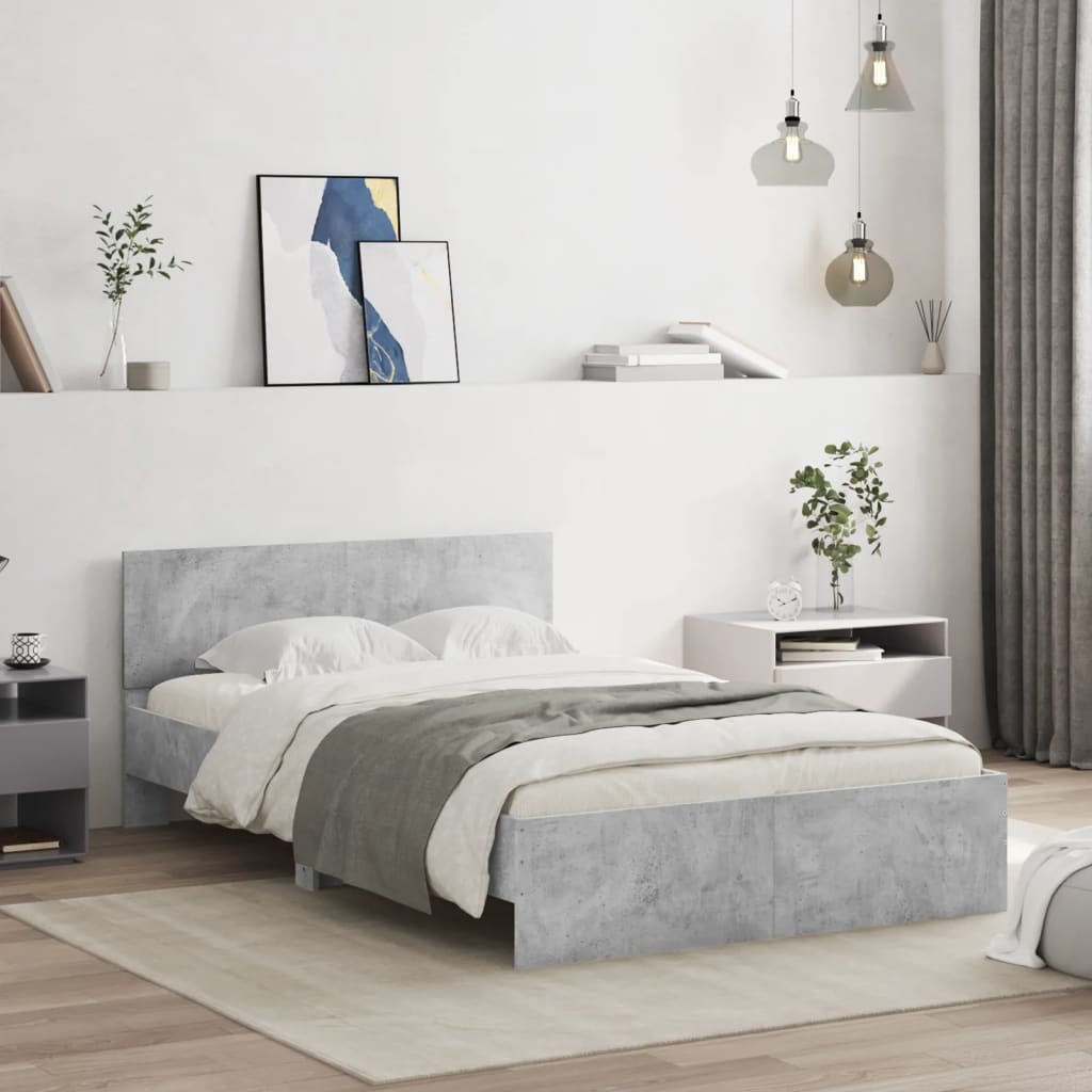 vidaXL Cadru de pat cu tăblie, gri beton, 135x190 cm