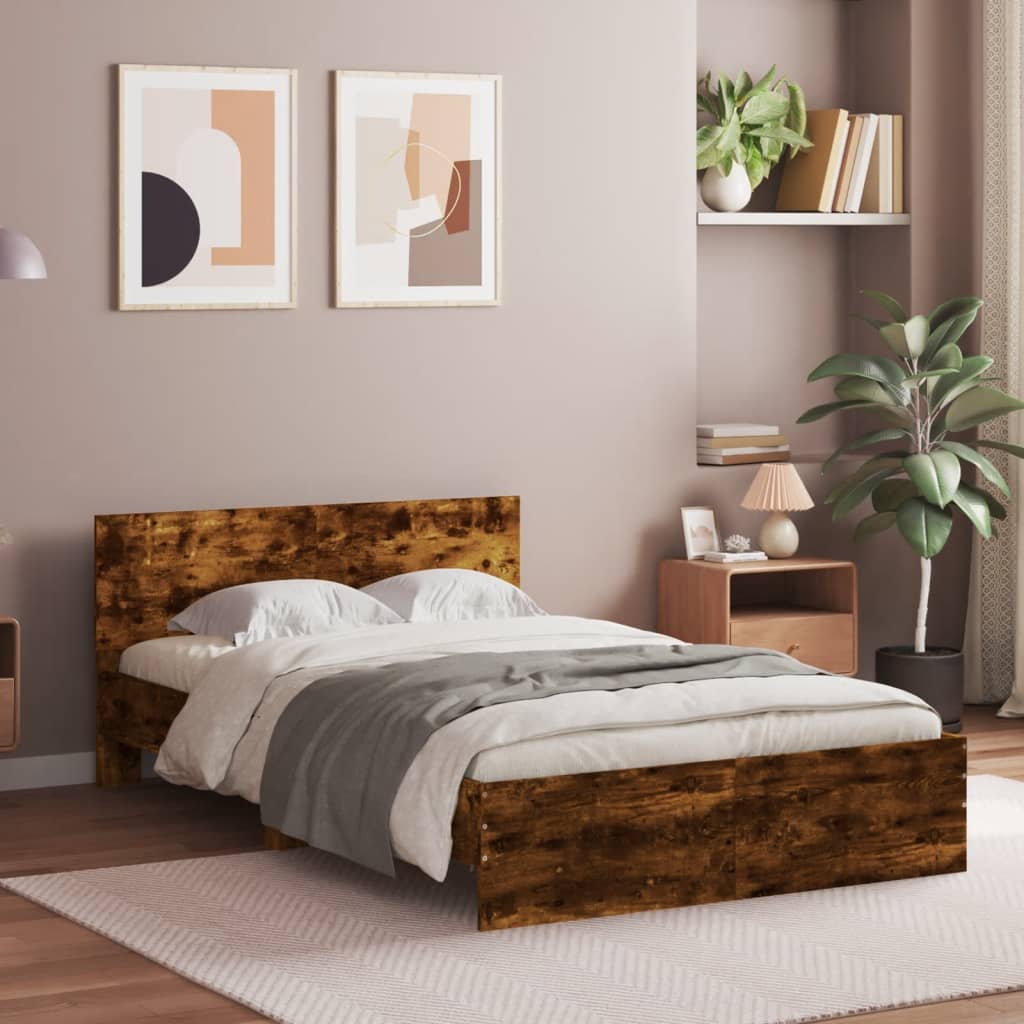 vidaXL Cadru de pat cu tăblie, stejar fumuriu, 135x190 cm