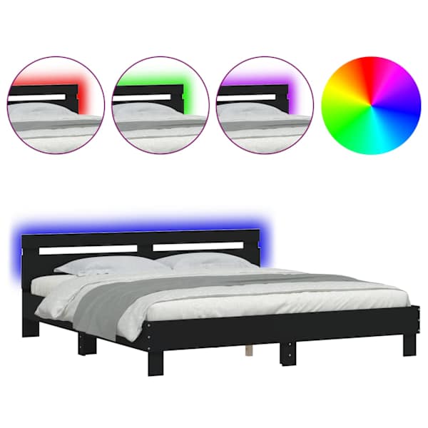 vidaXL LED-tulede ja peatsiga voodiraam, must, 180 x 200 cm