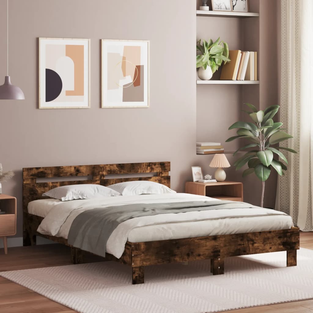 vidaXL Sängynrunko päädyllä ja LED-valoilla savutammi 140x200 cm