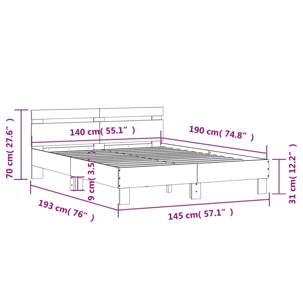 Rám postele s čelem a LED osvětlením kouřový dub 140 x 190 cm - obrázek 15