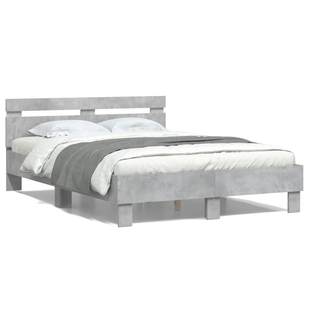 vidaXL Cadru de pat cu tăblie și LED, gri beton, 135x190 cm