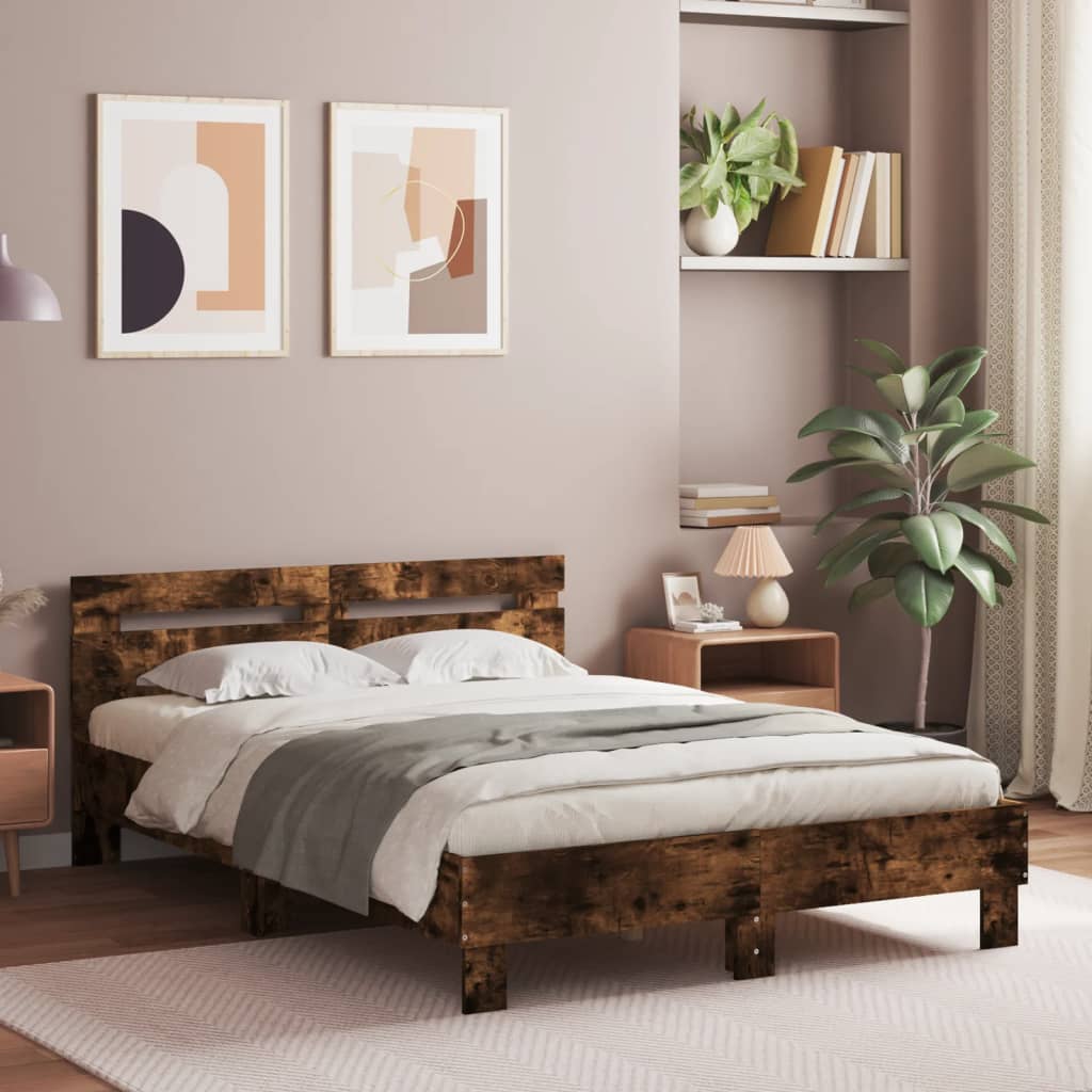 vidaXL Sängynrunko päädyllä ja LED-valoilla savutammi 135x190 cm