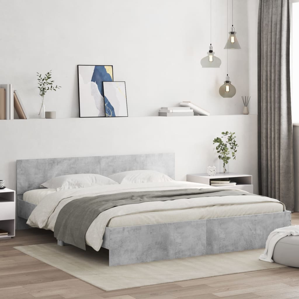 vidaXL sengeramme med sengegavl og LED-lys 200x200 cm betongrå
