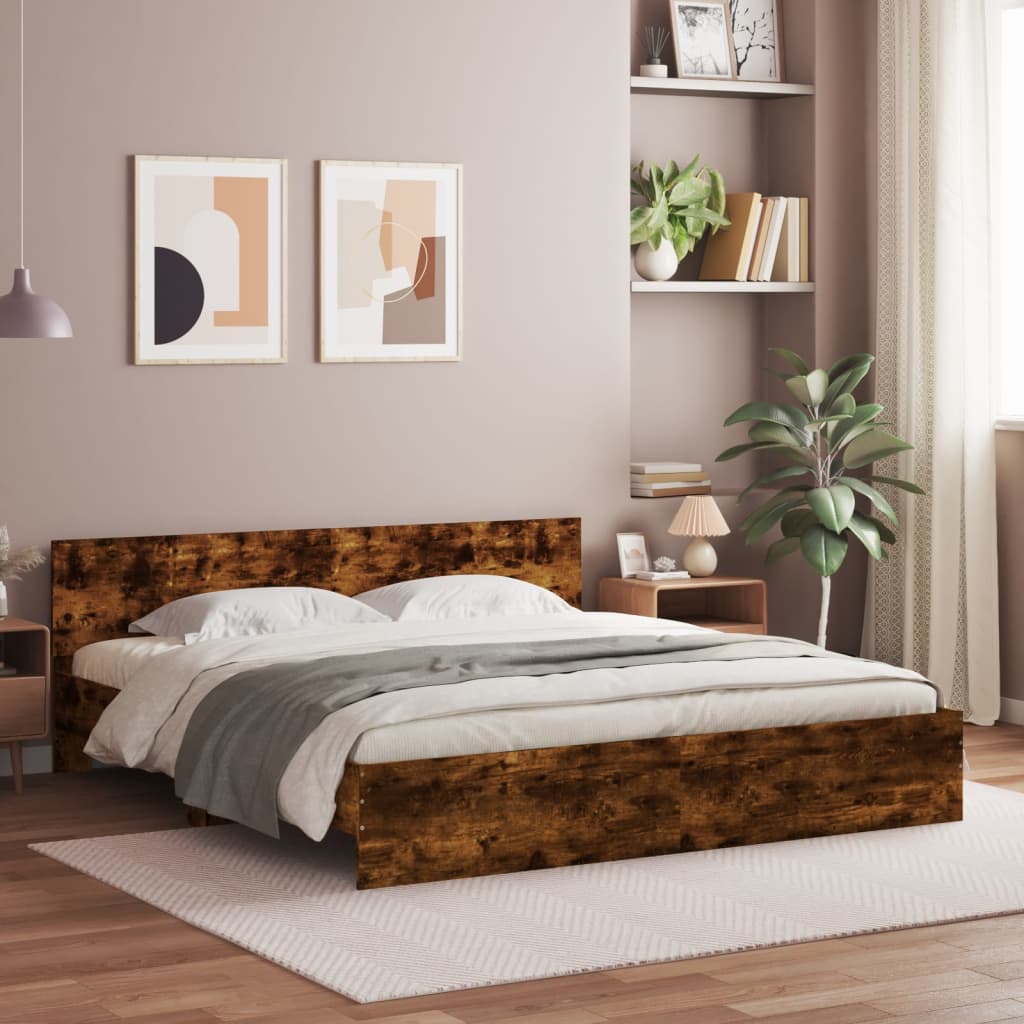 vidaXL Sängynrunko päädyllä ja LED-valoilla savutammi 200x200 cm
