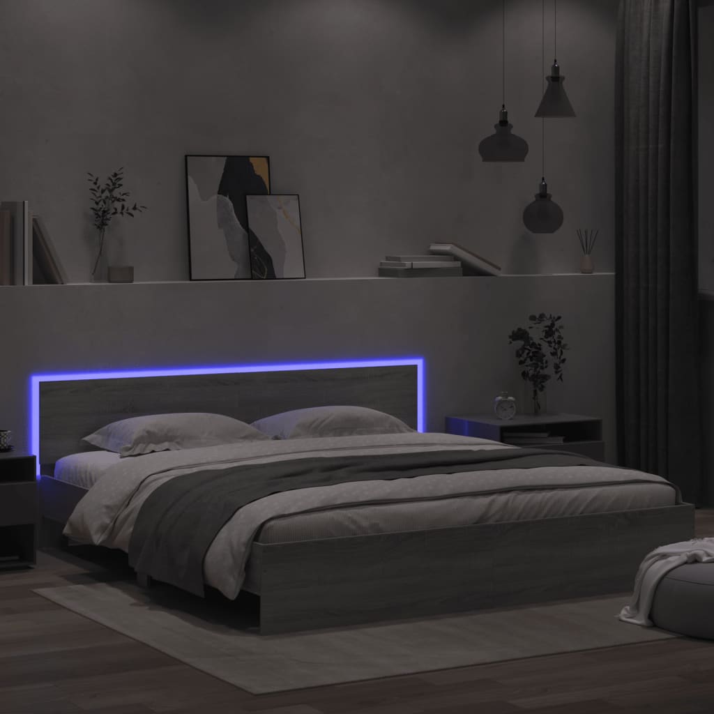 vidaXL Cadru de pat cu tăblie și LED, gri sonoma, 200x200 cm