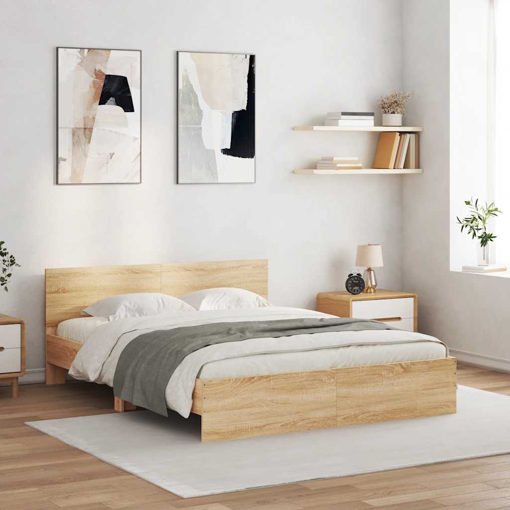vidaXL Sängynrunko päädyllä ja LED-valoilla Sonoma-tammi 160x200 cm