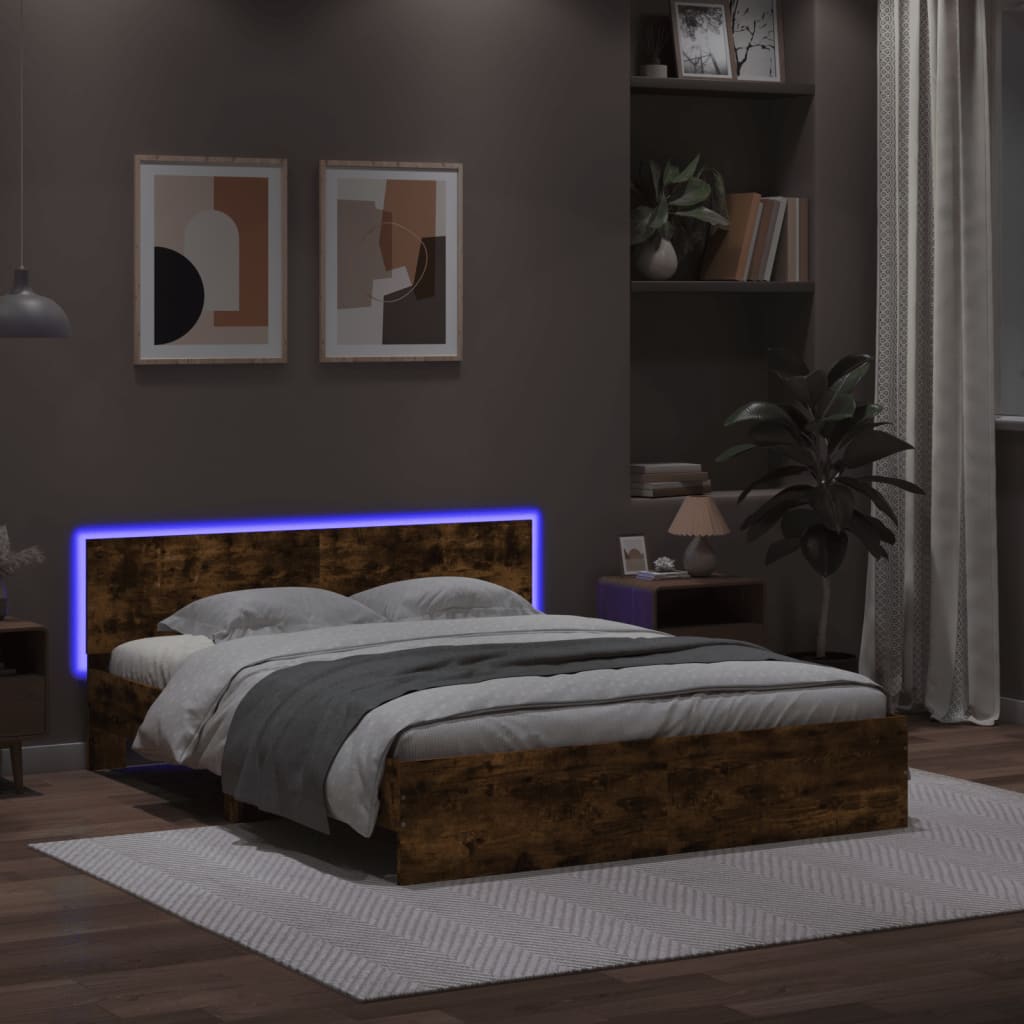vidaXL Cadru de pat cu tăblie și LED, stejar fumuriu, 160x200 cm