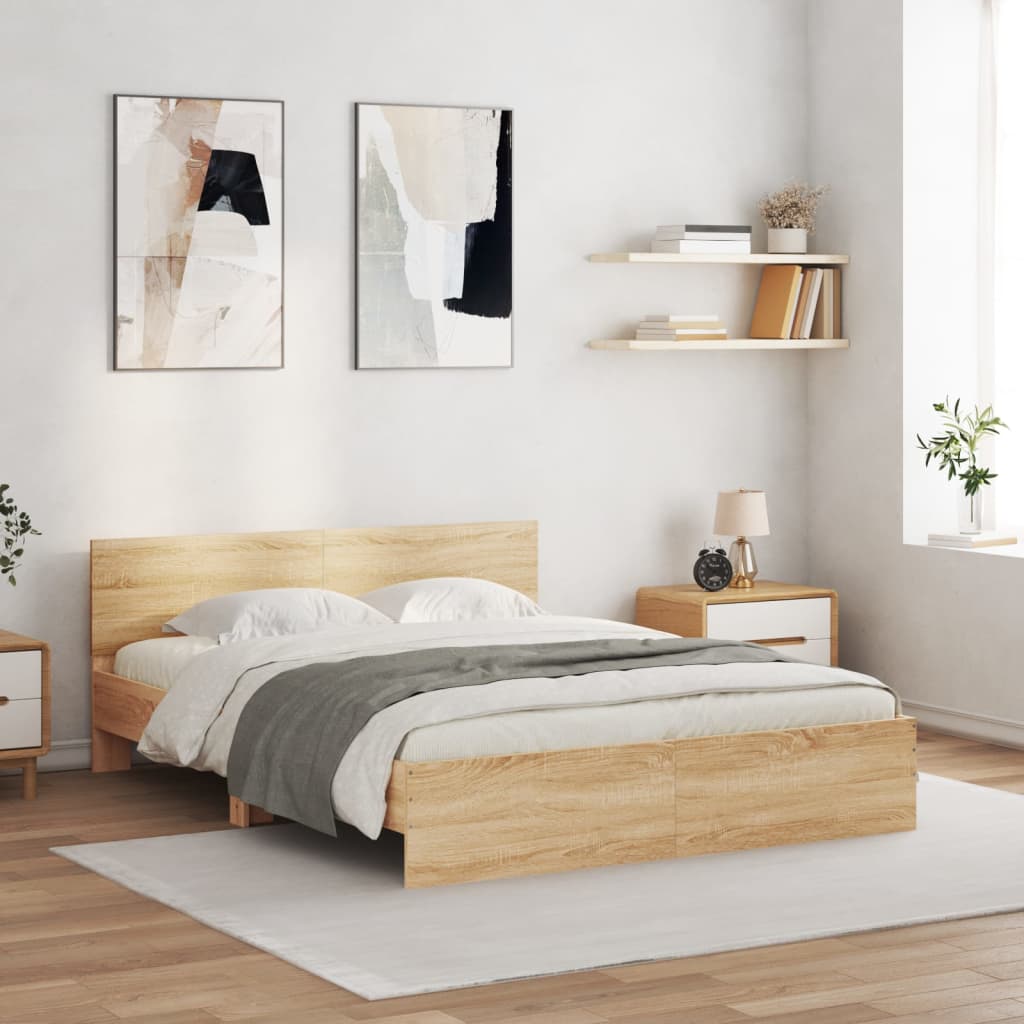 vidaXL Sängynrunko päädyllä ja LED-valoilla Sonoma-tammi 150x200 cm