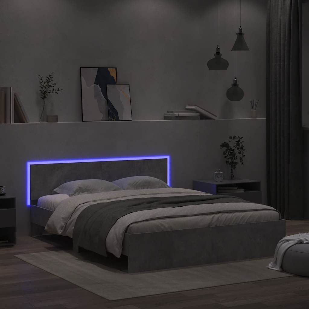 vidaXL Posteľný rám s čelom a LED betónovo sivý 150x200 cm