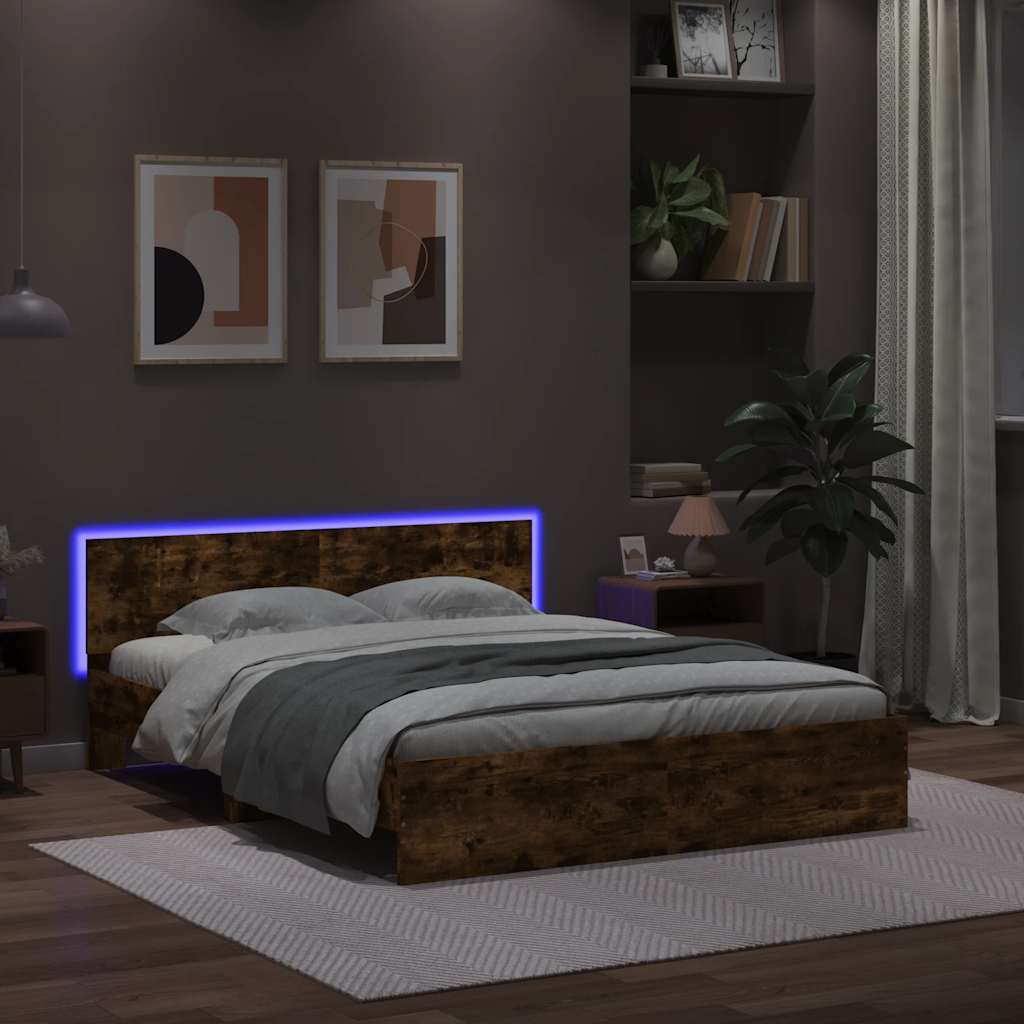 vidaXL Cadru de pat cu tăblie și LED, stejar fumuriu, 150x200 cm