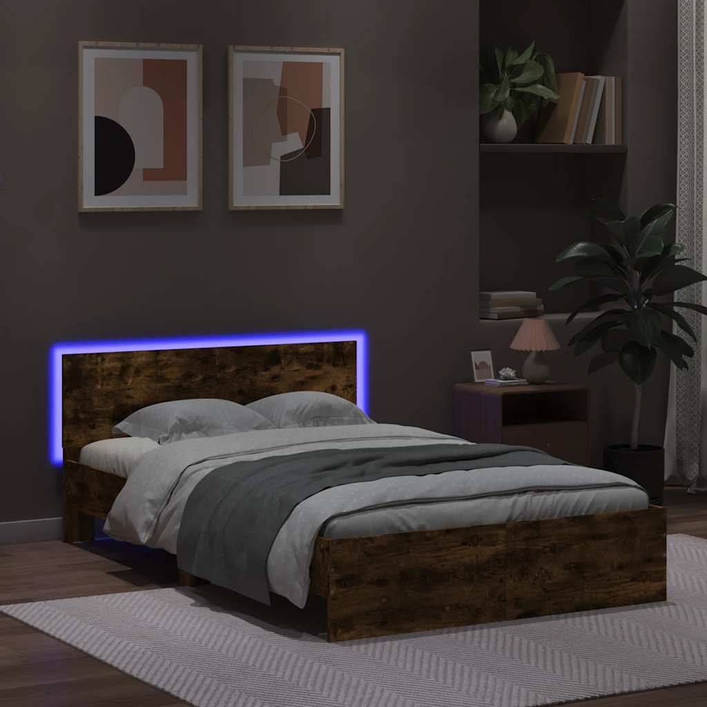 vidaXL Bedframe met hoofdeinde en LED gerookt eikenkleurig 140x200 cm afbeelding