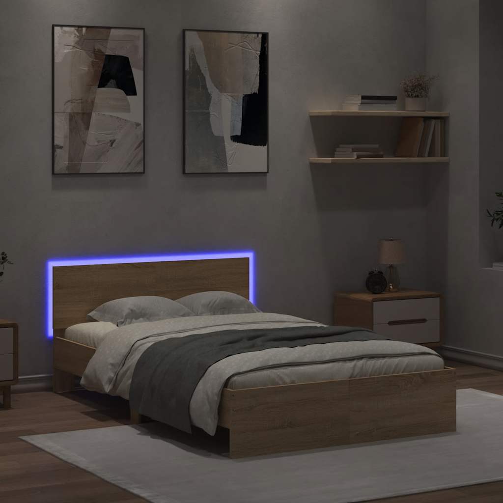 vidaXL Bedframe met hoofdeinde en LED sonoma eikenkleurig 140x190 cm afbeelding