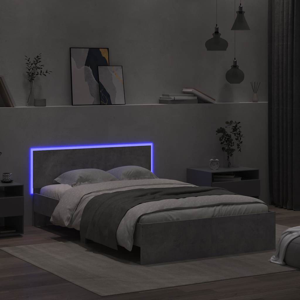 vidaXL Sängynrunko päädyllä ja LED-valoilla betoninharmaa 135x190 cm