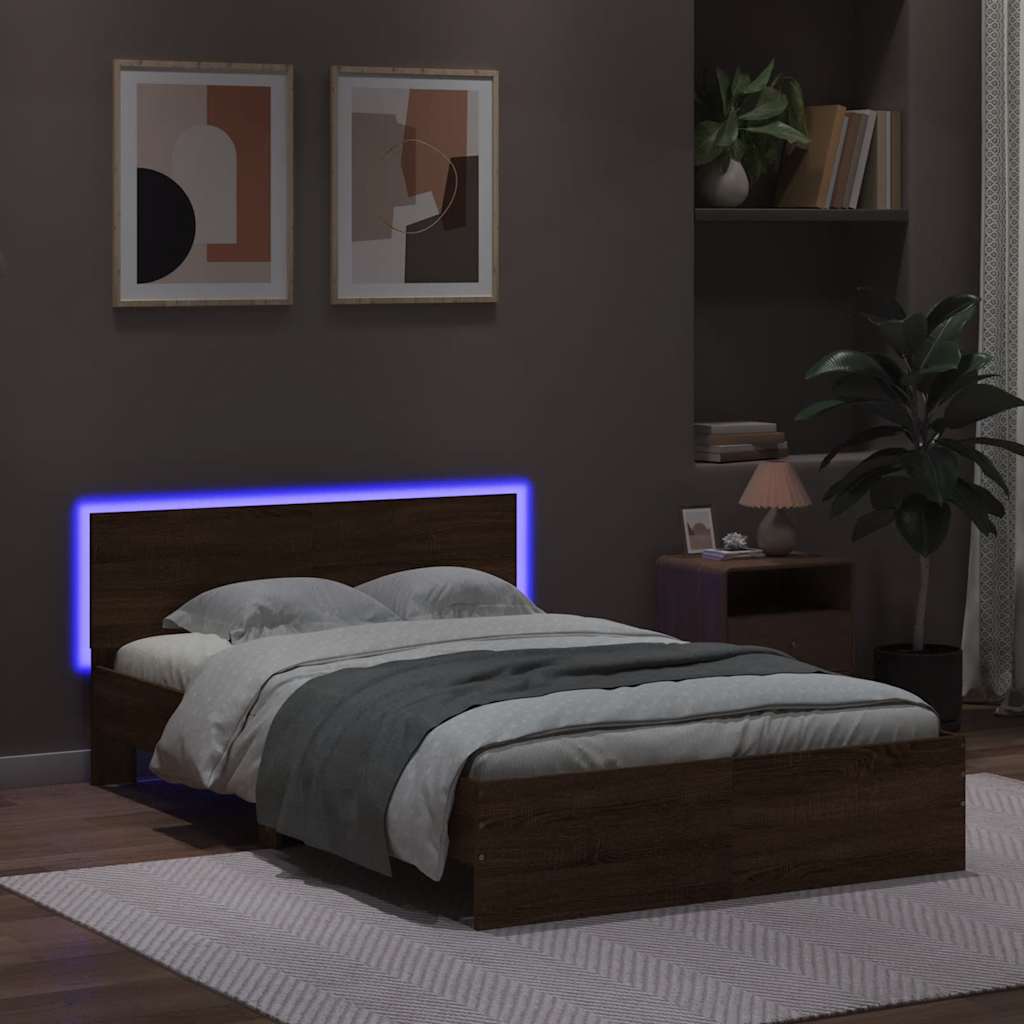 vidaXL Bedframe met hoofdeinde en LED bruin eikenkleur 135x190 cm afbeelding
