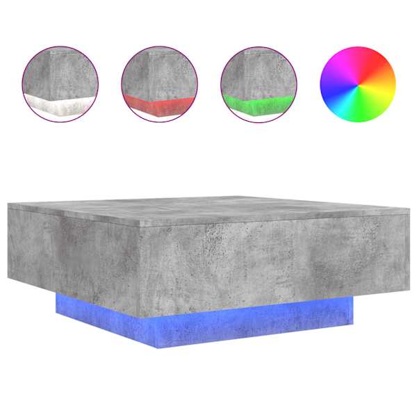 vidaXL kohvilaud LED-tuledega, betoonhall, 80 x 80 x 31 cm