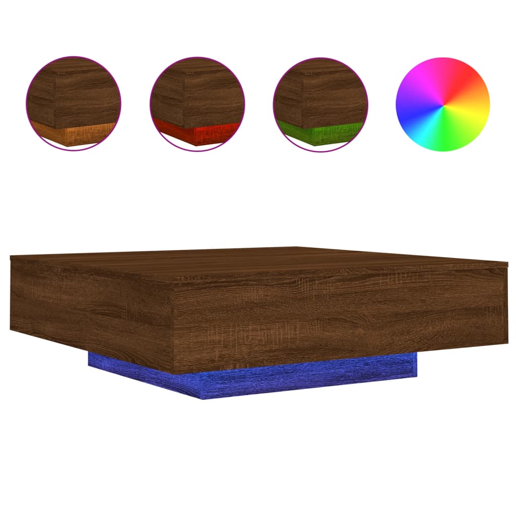 vidaXL Coffee Table with LED Lights Brown Oak 39.4"x39.4"x12.2"