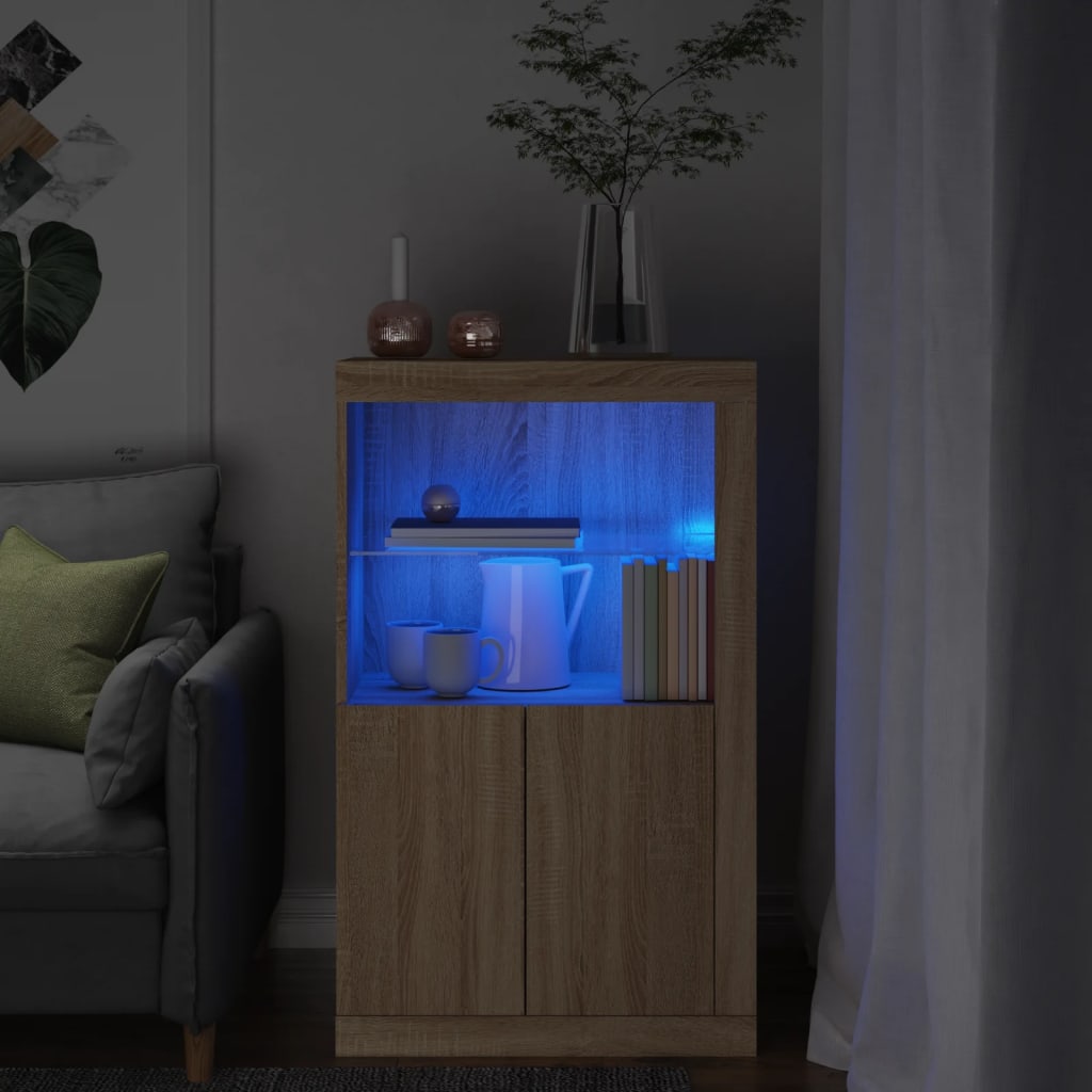 Sivukaappi LED valoilla Sonoma tammi Tekninen Puu Tavarakartano
