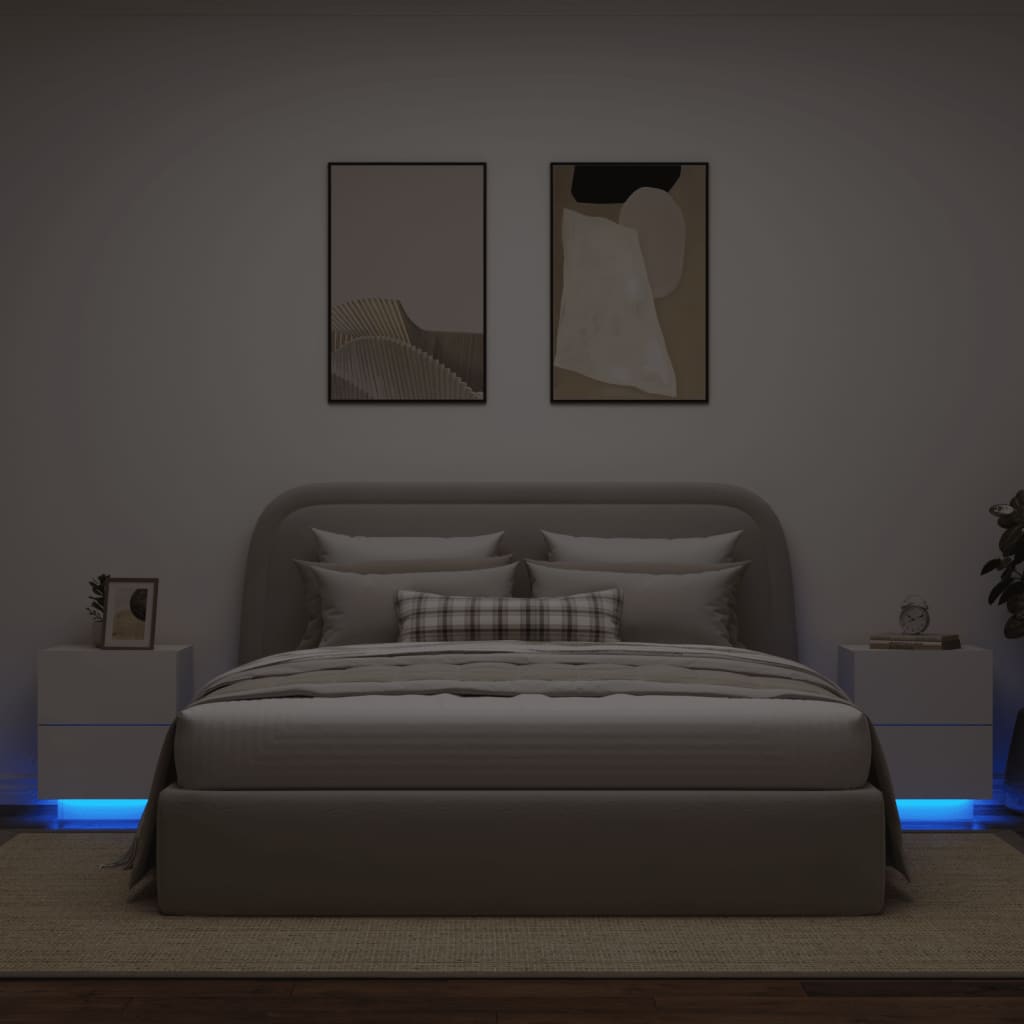 vidaXL Noptiere cu lumini LED, 2 buc., alb, lemn prelucrat