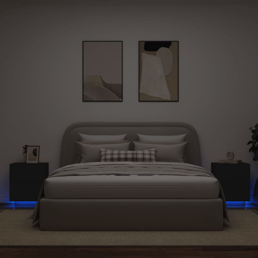 vidaXL Noptiere cu lumini LED, 2 buc., negru, lemn prelucrat