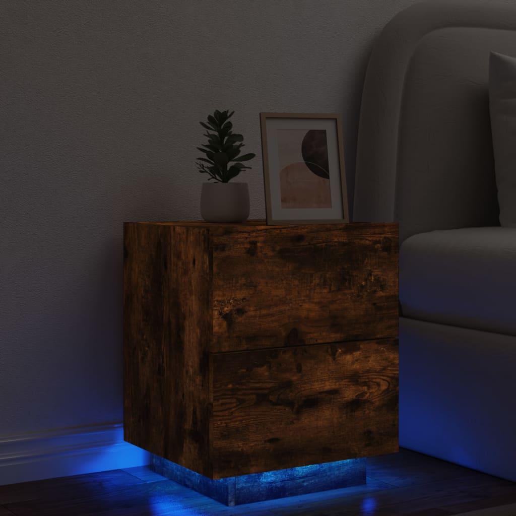 vidaXL sengebord med LED-lys konstrueret træ røget egetræsfarve