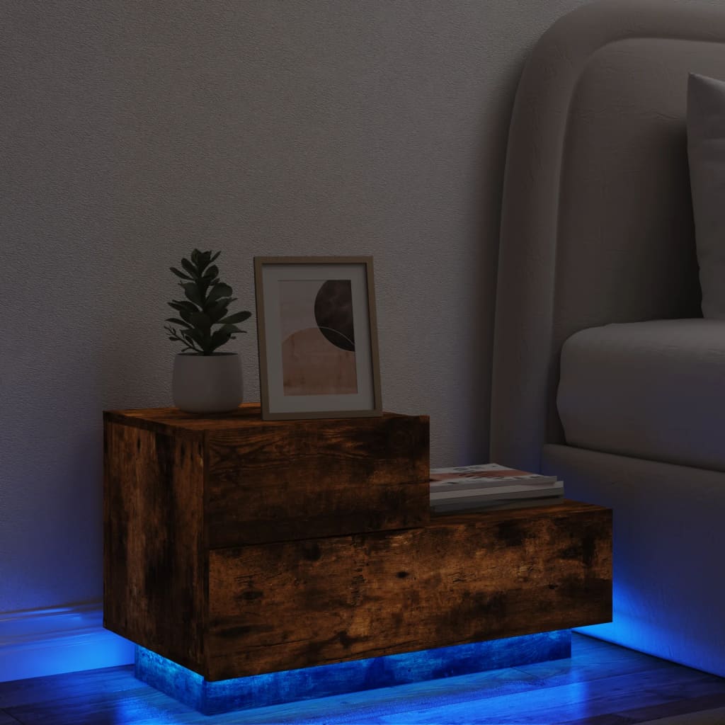 vidaXL sengebord med LED-lys 70x36x40,5 cm røget egetræsfarve