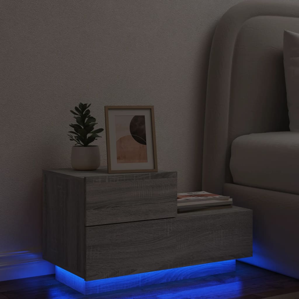 vidaXL sengebord med LED-lys 70x36x40,5 cm grå sonoma-eg