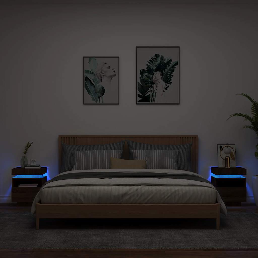 vidaXL Noptiere cu lumini LED, 2 buc., stejar maro, 40x39x48,5 cm