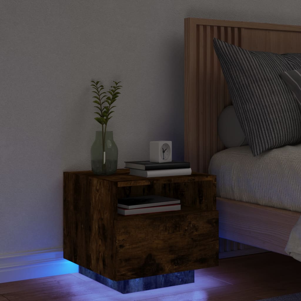 vidaxL sengebord med LED-lys 40x39x37 cm røget egetræsfarve