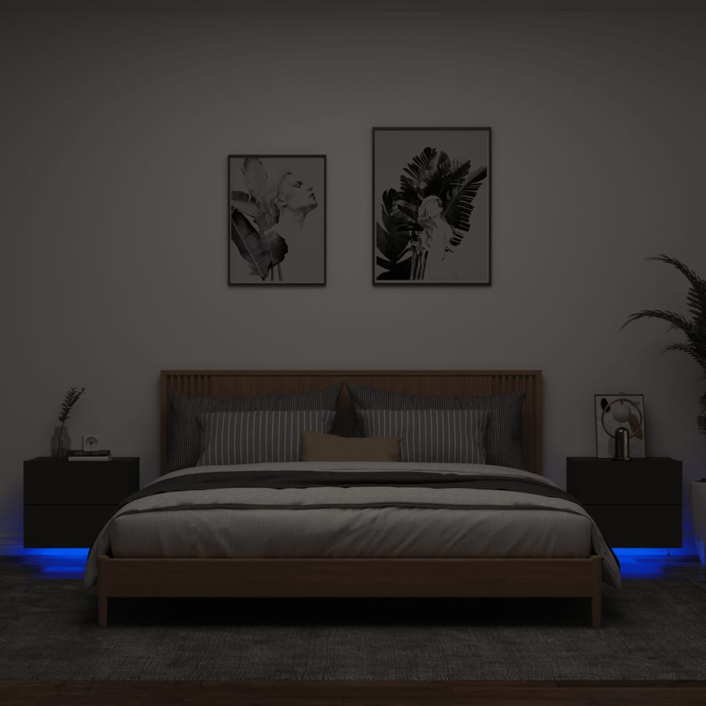 vidaXL Noptiere montate pe perete cu lumini LED, 2 buc., negru