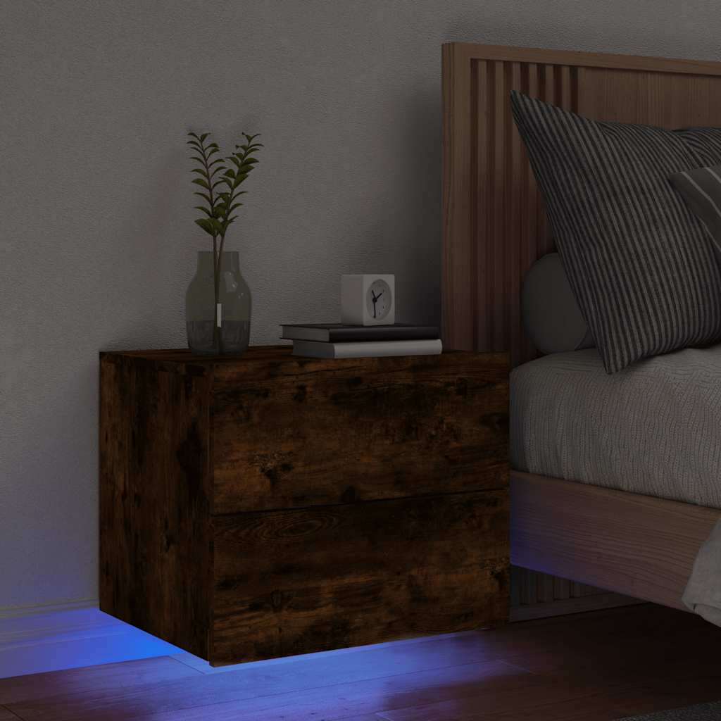 vidaXL Noptieră montată pe perete cu lumini LED, stejar fumuriu